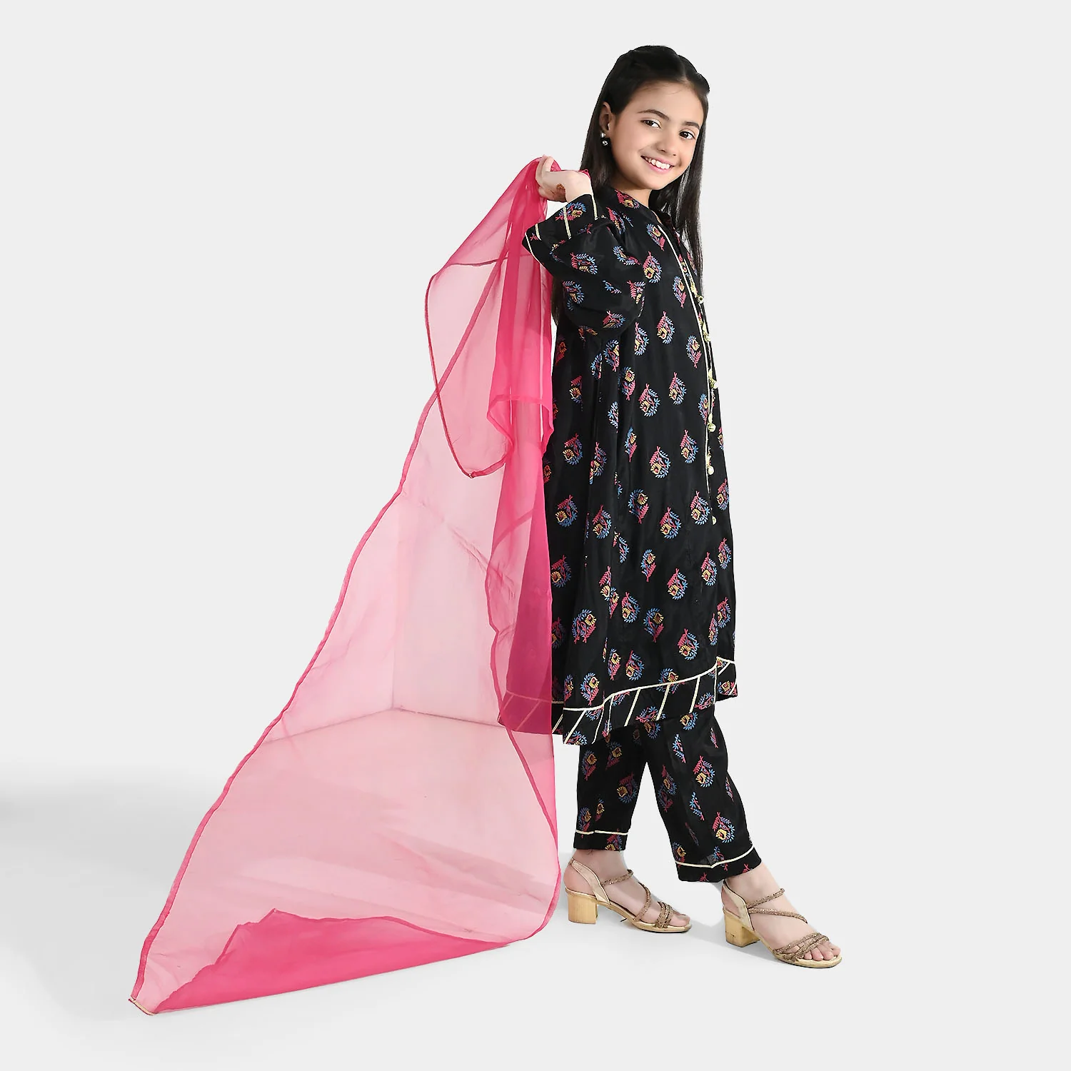 Girls Raw Silk 3-Pcs Suit (Aabroo) - Black - Image 4