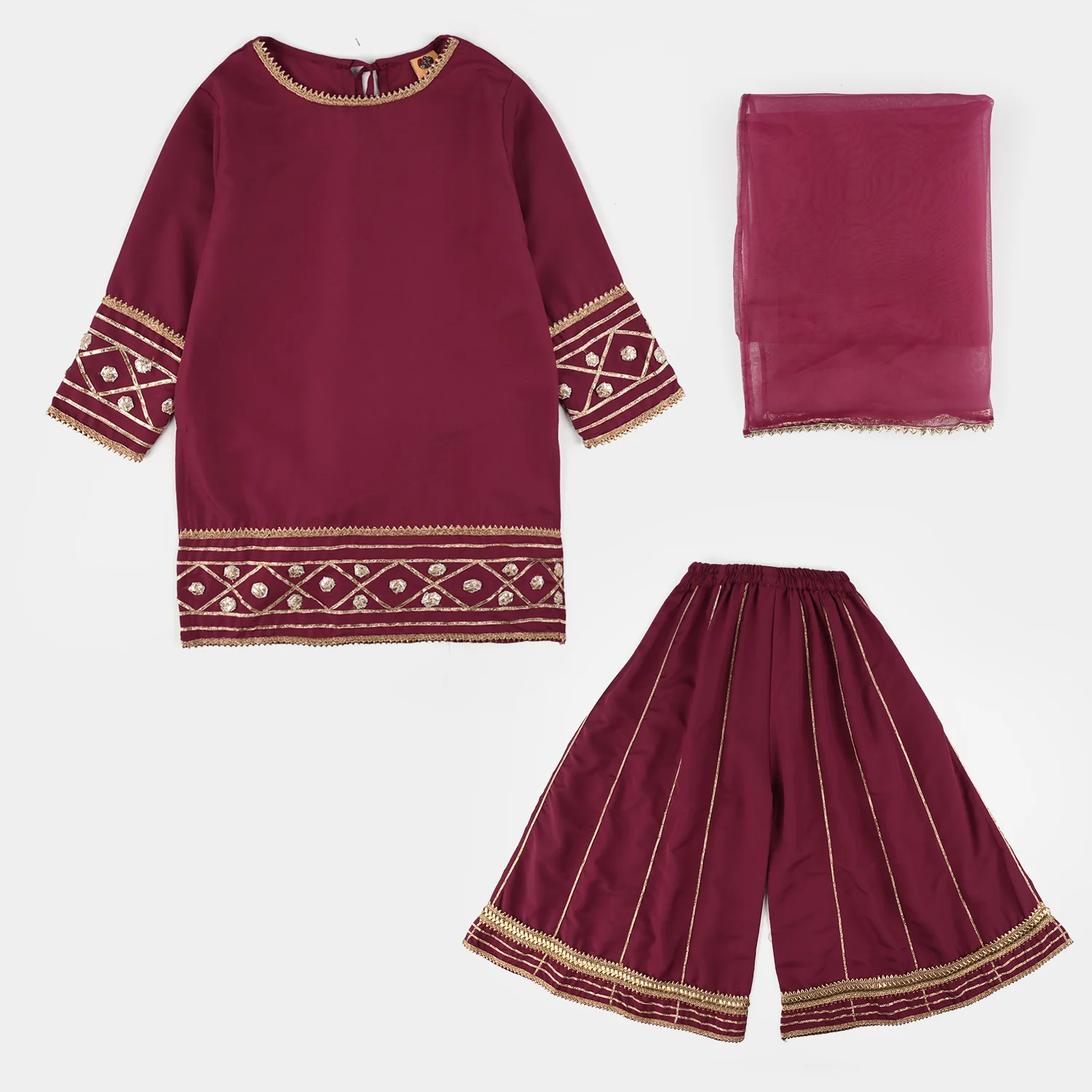 Girls Raw Silk 3-Piece Set (Jahan Ara) - Burgundy - Image 3