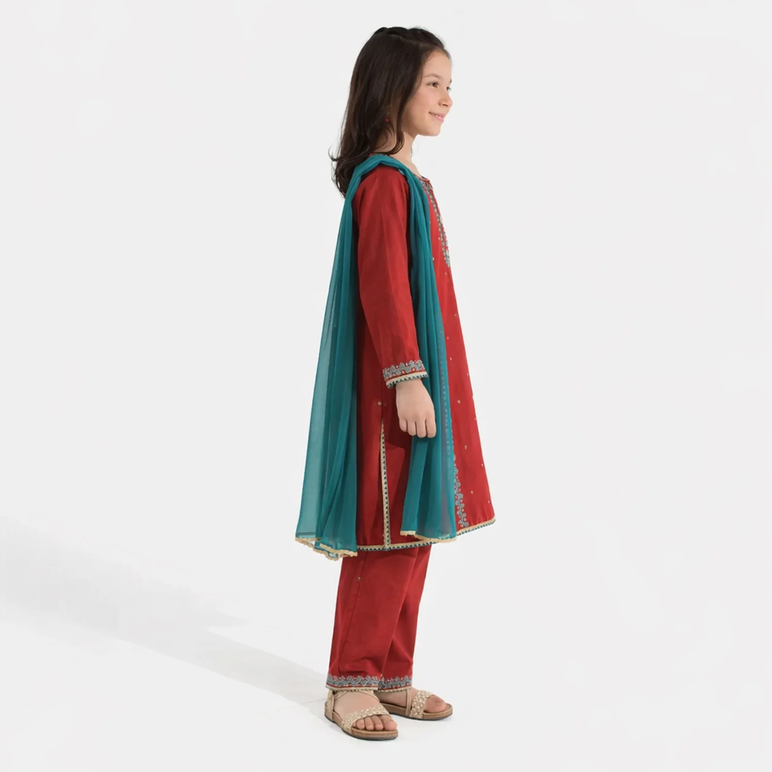 Girls Raw Silk 3Pcs Naqsh-Red - Image 3