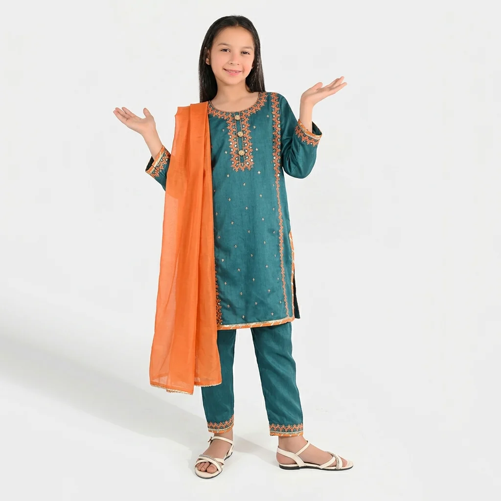 Girls Raw Silk 3Pcs (Naqsh) - Teal blue