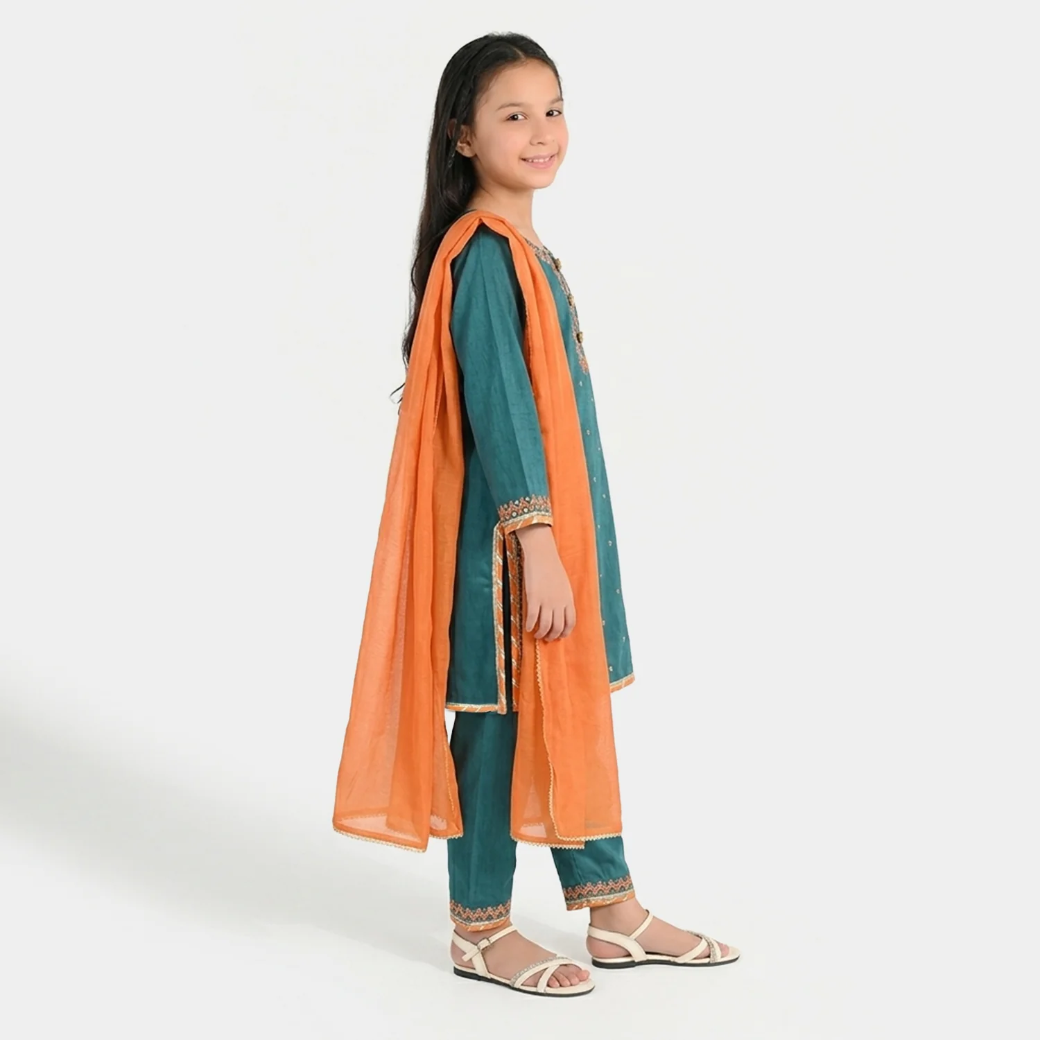 Girls Raw Silk 3Pcs (Naqsh) - Teal blue - Image 2