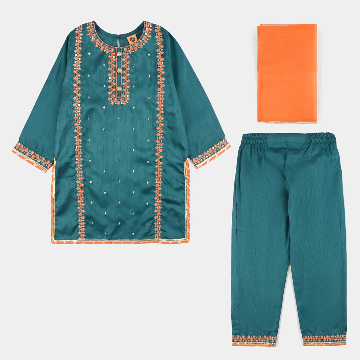 Girls Raw Silk 3Pcs (Naqsh) - Teal blue - Image 4