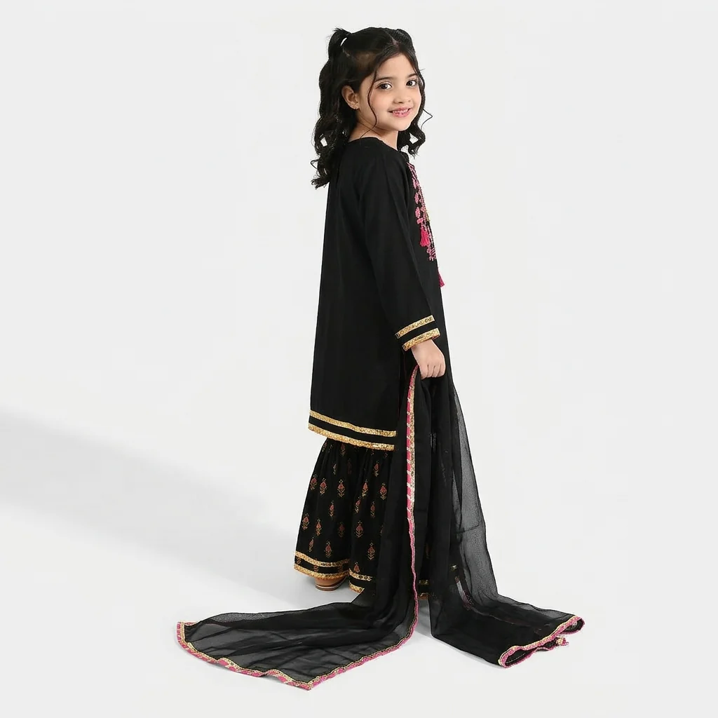 Girls Raw Silk 3-Piece Suit (Rangrez) - Black - Image 2