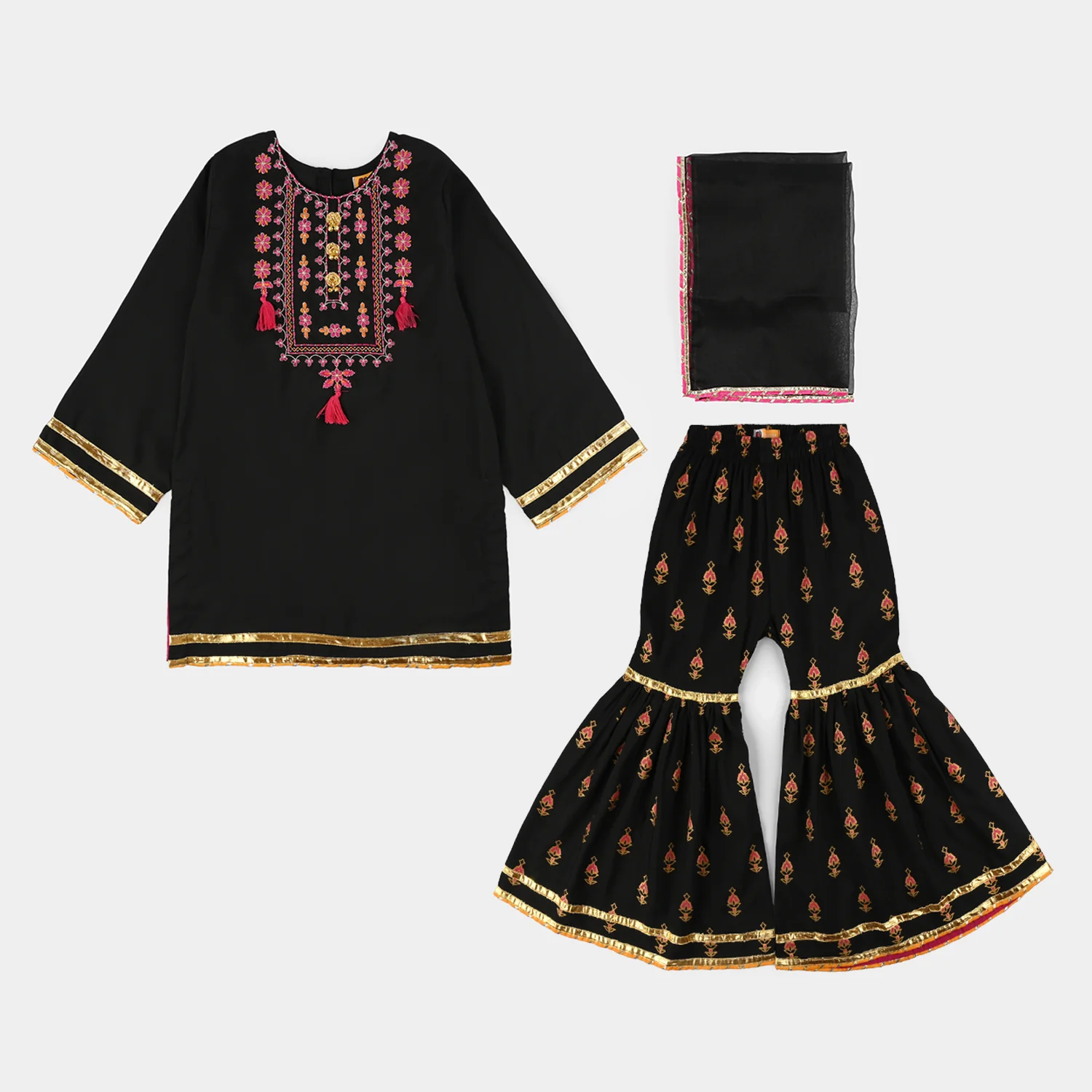 Girls Raw Silk 3-Piece Suit (Rangrez) - Black - Image 3
