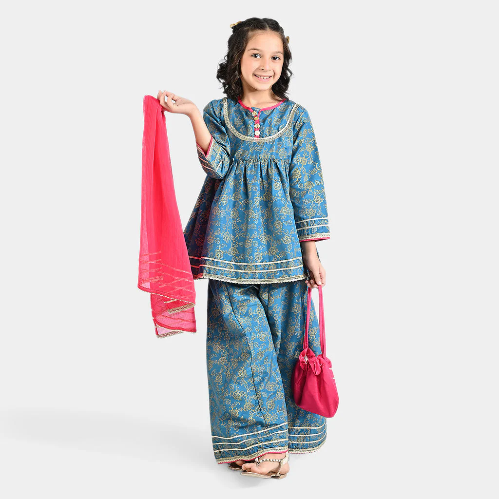 Girls Raw Silk 4Pcs Mumtaz - Teal blue - Image 4