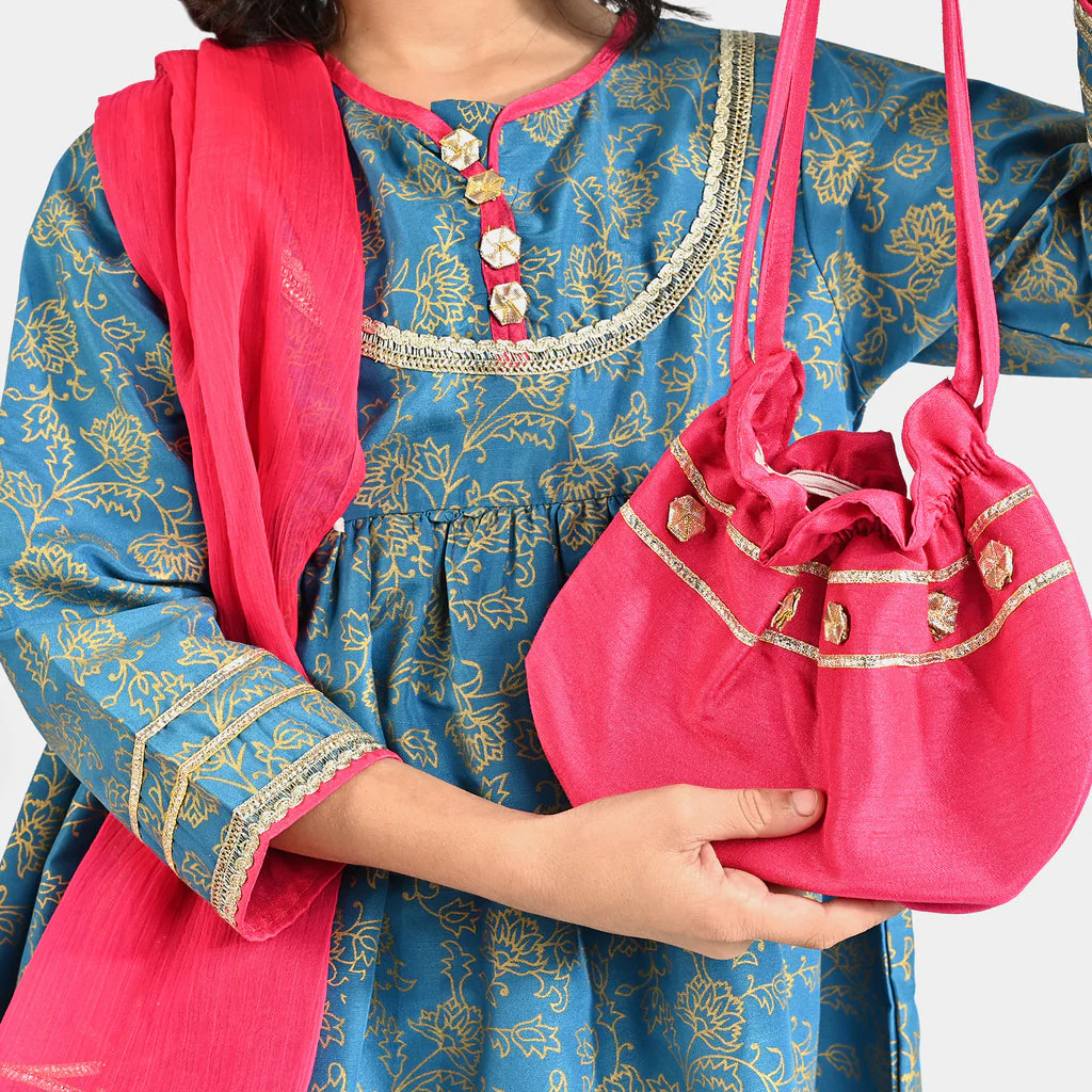 Girls Raw Silk 4Pcs Mumtaz - Teal blue - Image 5