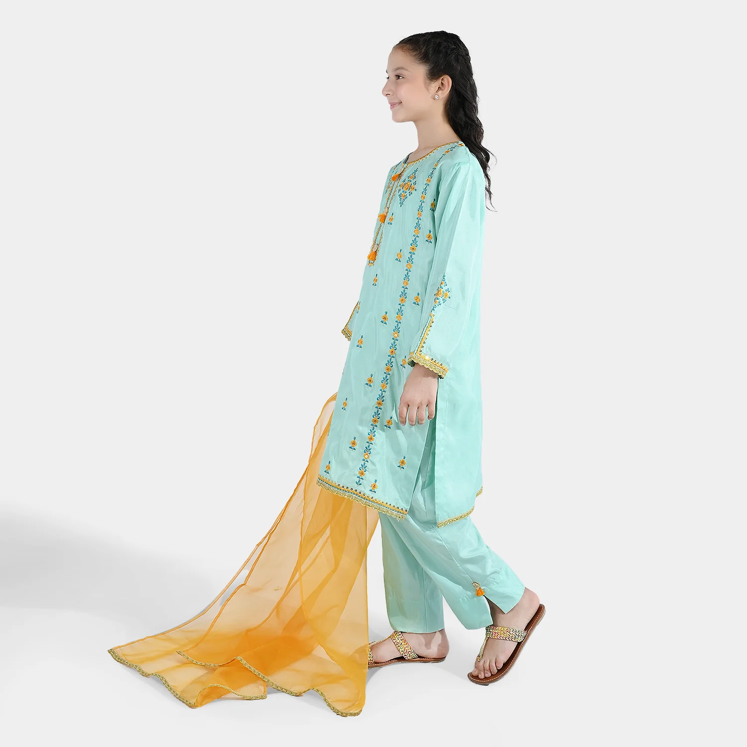 Girls Raw Silk Fancy 3Pcs Roop-Mint Green - Image 2