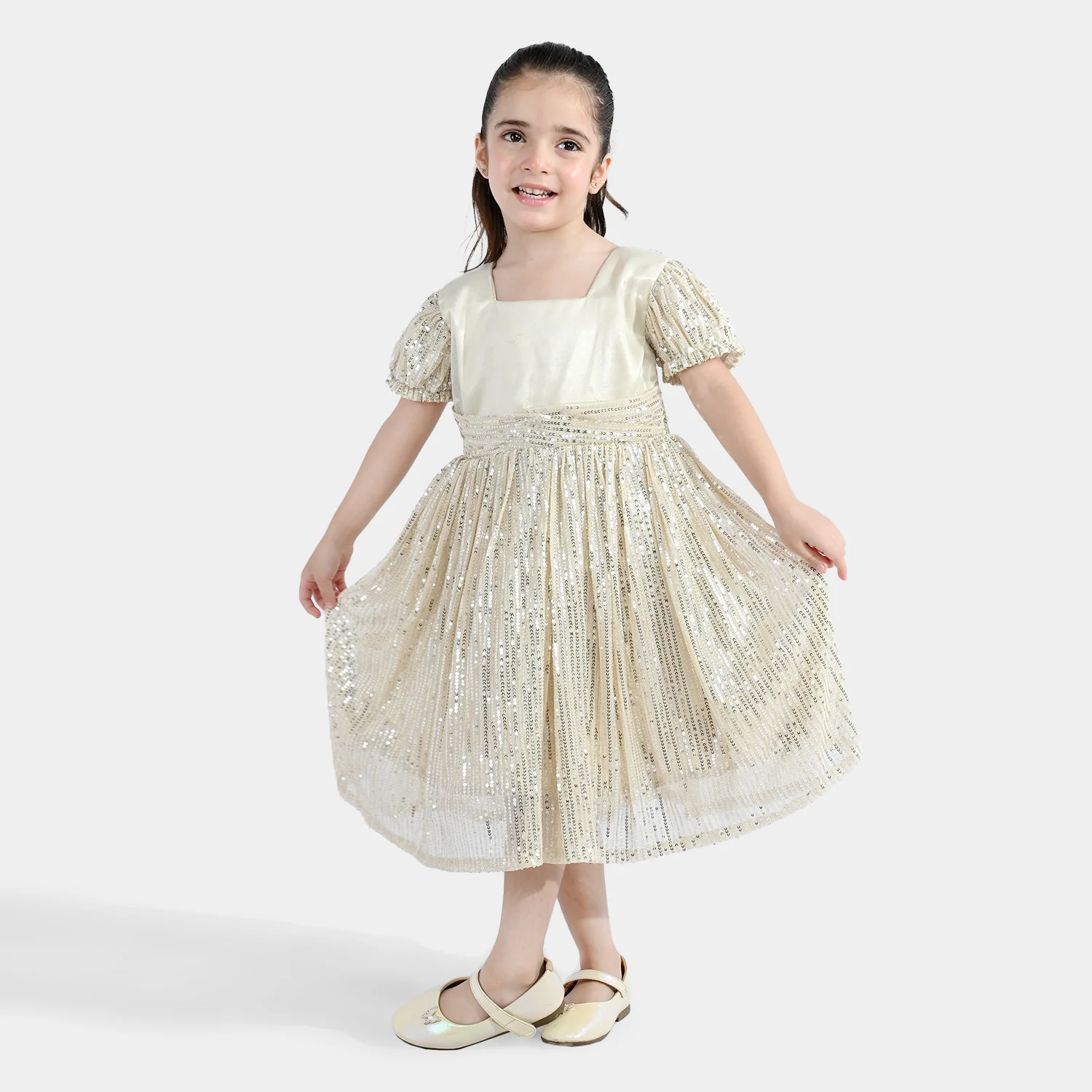 Girls Sequence Fancy Frock- Party Girl-BEIGE - Image 3