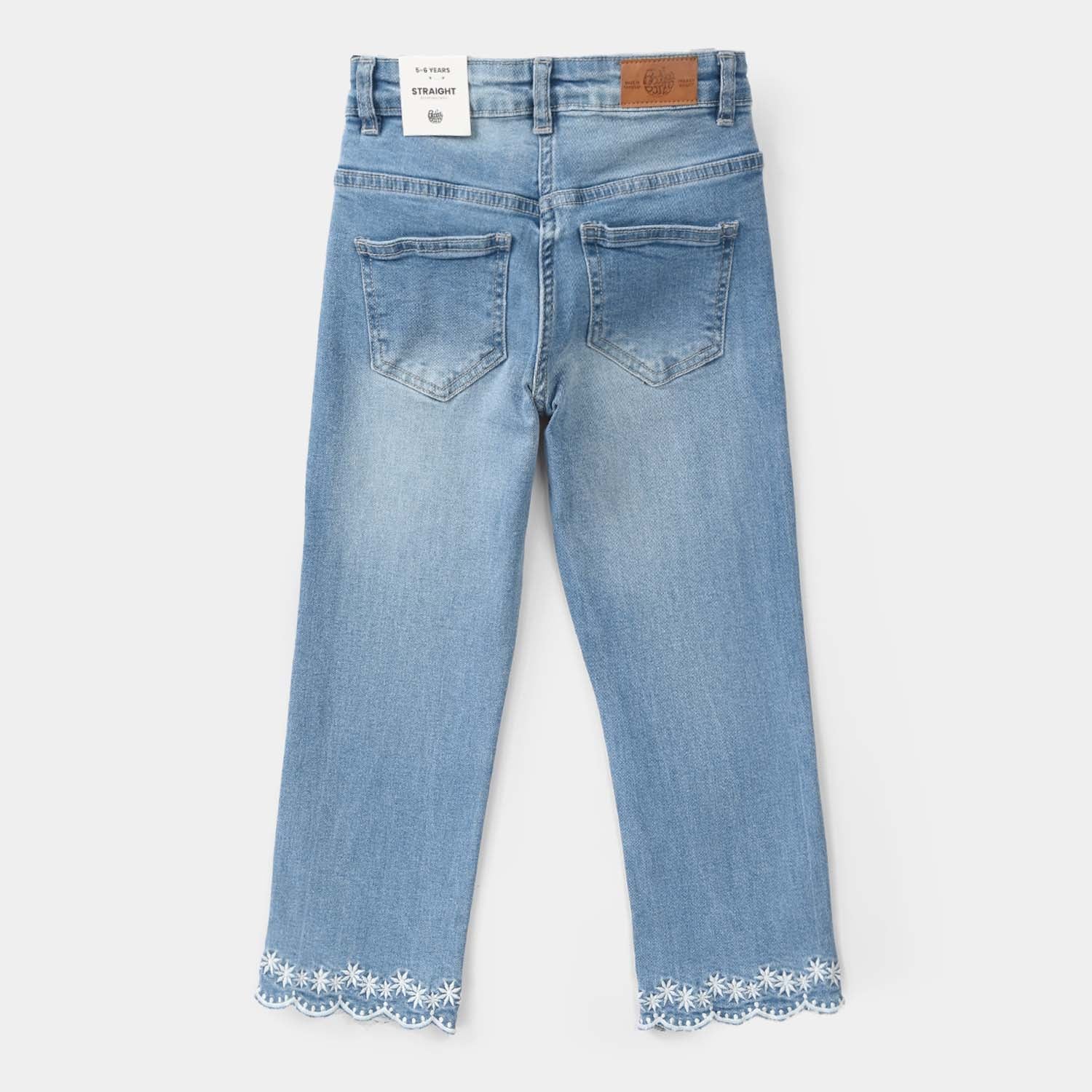 Girls Straight Fit Embroidered Denim Pants Tulips – Mid Blue - Image 3