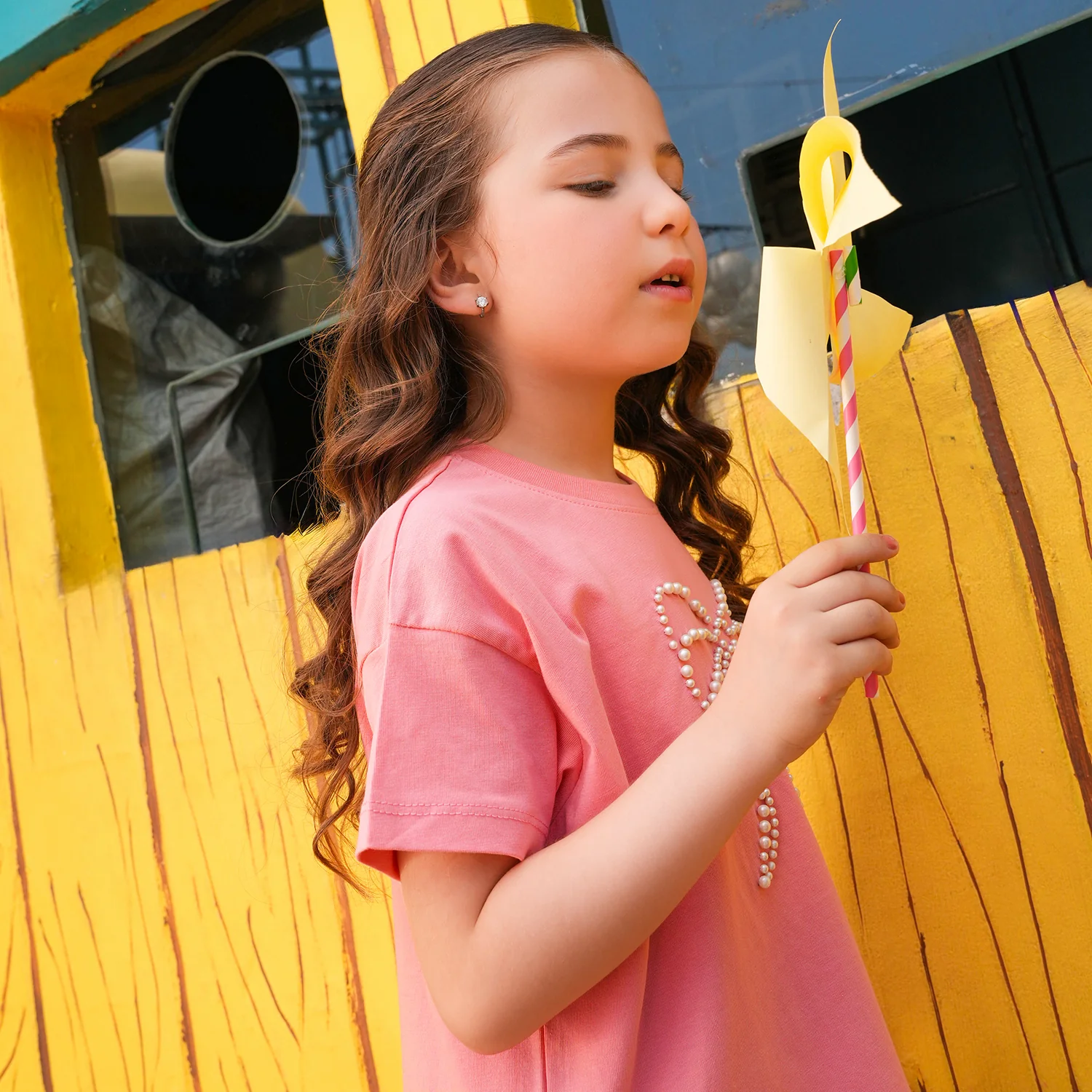 Girls Jersey/Terry T-Shirt (Pearls Bow) - Peach - Image 2