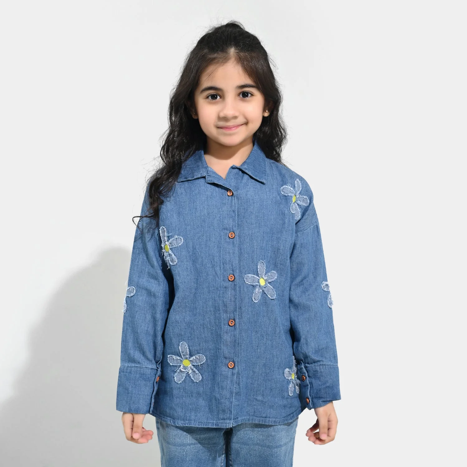 Girls Tencel Denim (Light Denim) Emb Top Flowers-Mid Blue