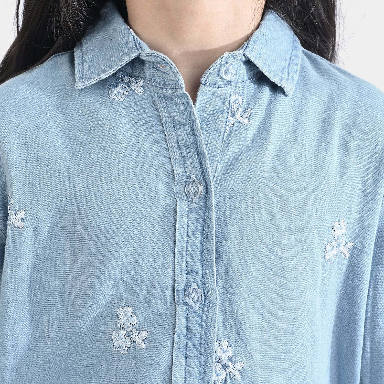 Girls Tencel Denim (Light Denim) Emb Top-Ice Blue - Image 2
