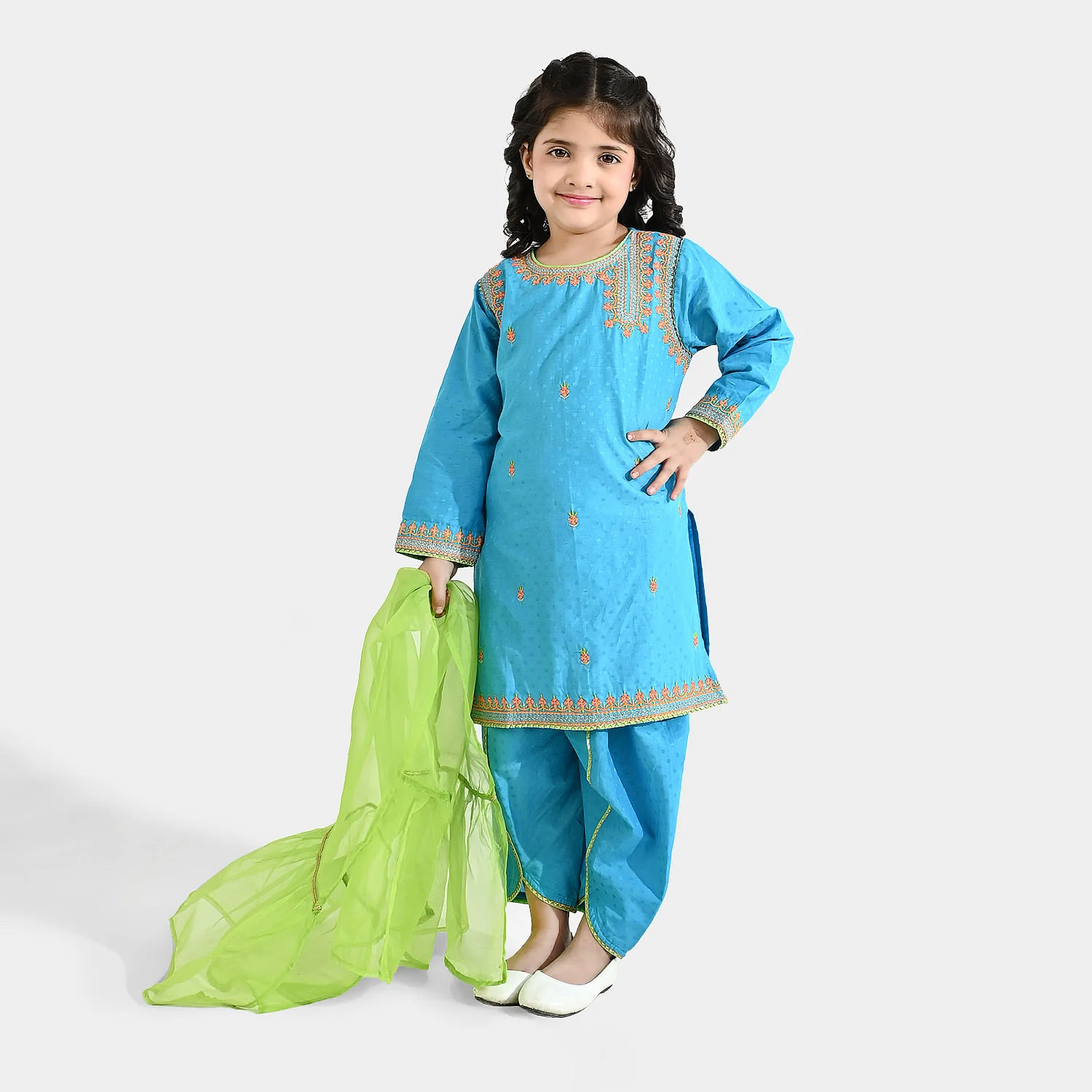 Girls Viscose 3-Pc Set (Falak) - Teal Blue