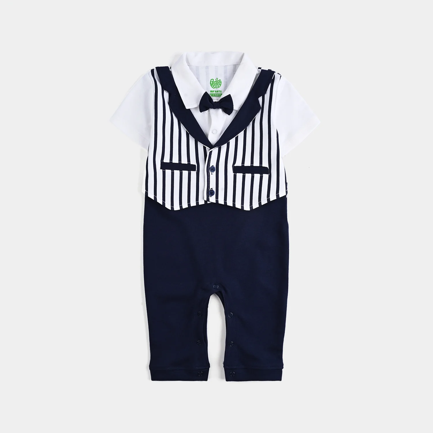 Infant Boys Cotton Interlock Romper (Grey Coat Style) - Navy/White