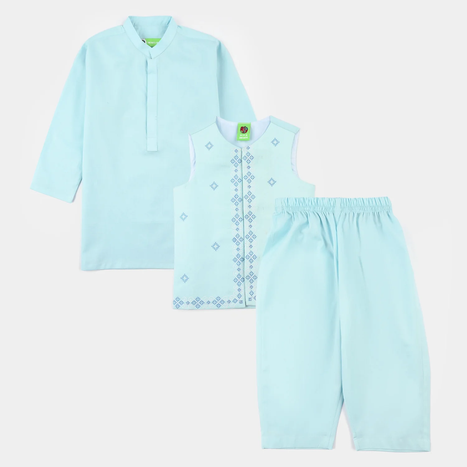 Infant Boys Cotton Poplin 3-Piece Suit (Cross Stitch) - Light Blue
