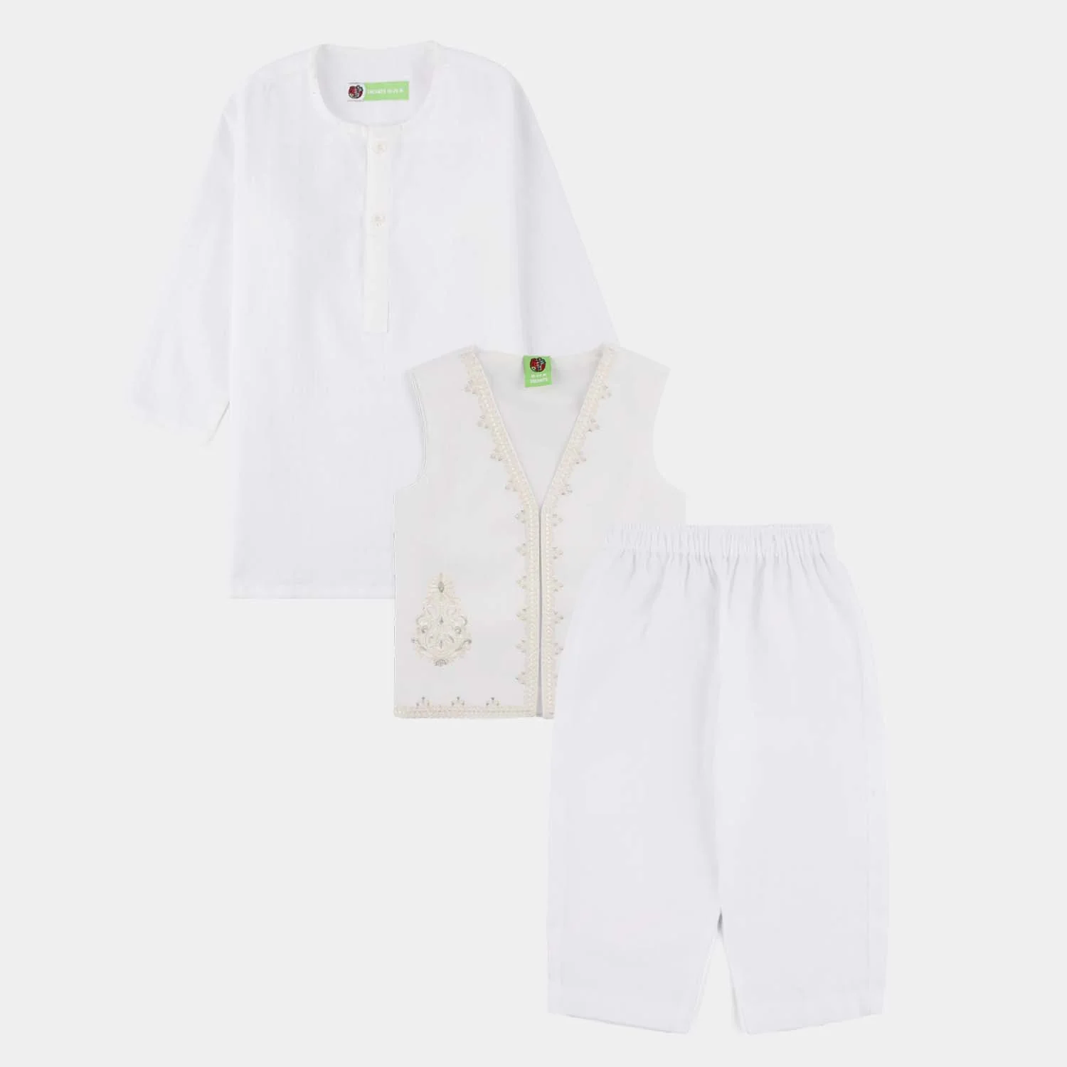 Infant Boys Cotton Slub 3Piece Suit (Front Open) -WHITE