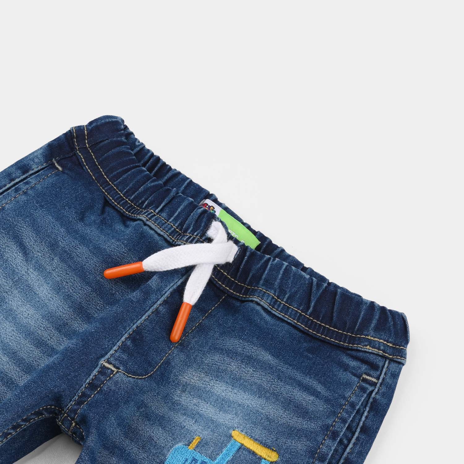 Infant Boys Denim Viscose Pants (Car Embroidered Truck) - Mid Blue - Image 2