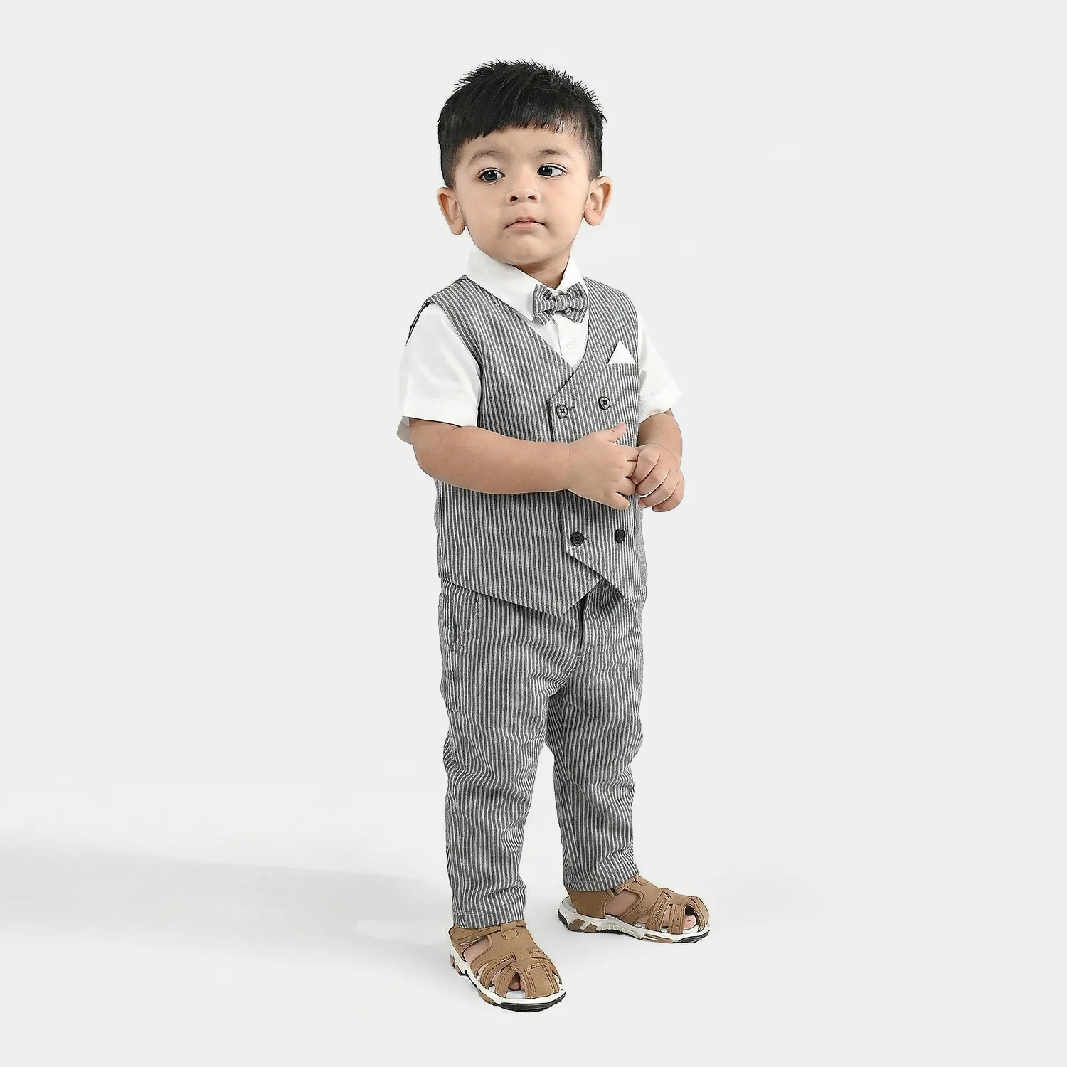 Infant Boys Cotton Woven Suit (Navy Stripe) - Grey
