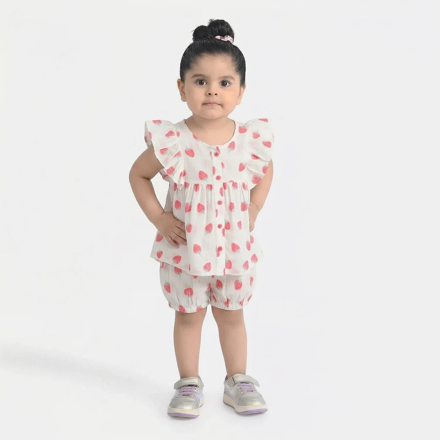 Infant Girls Cotton Slub 2Pc Suit (Strawberry) - White