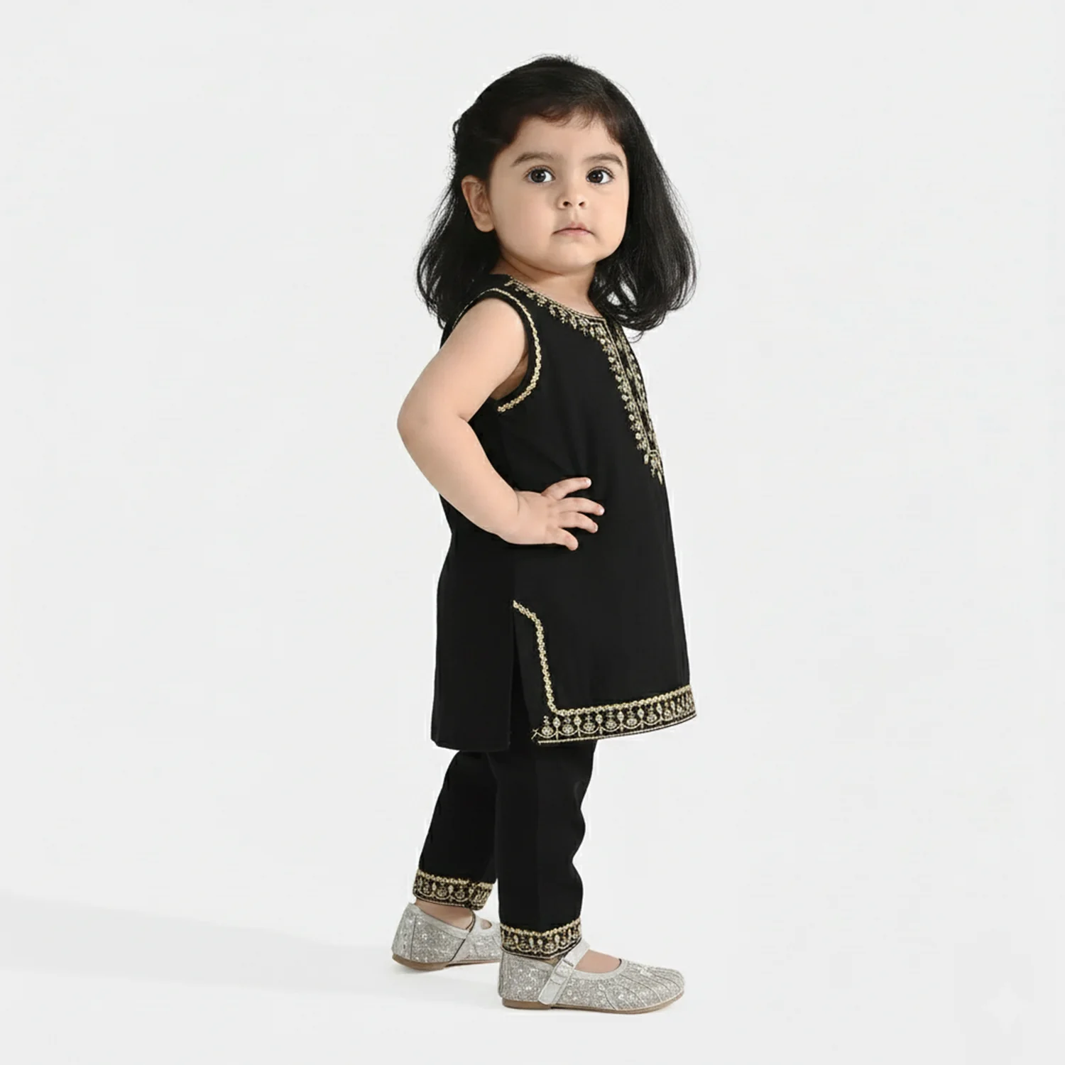 Infant Girls Raw Silk 2Pcs Gota Phool - Black - Image 2