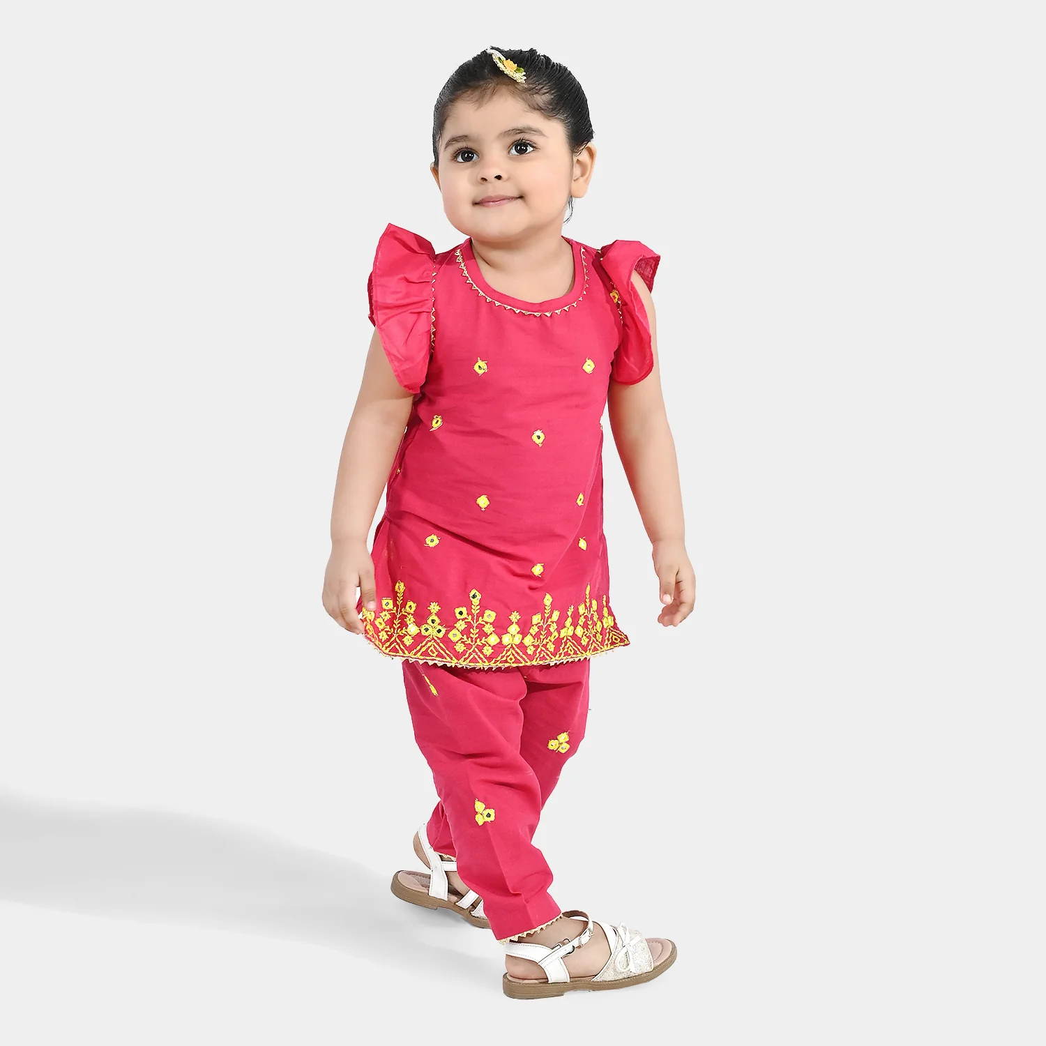 Infant Girls Cotton Slub 2Pc Suit (Pari) - Shocking Pink - Image 3