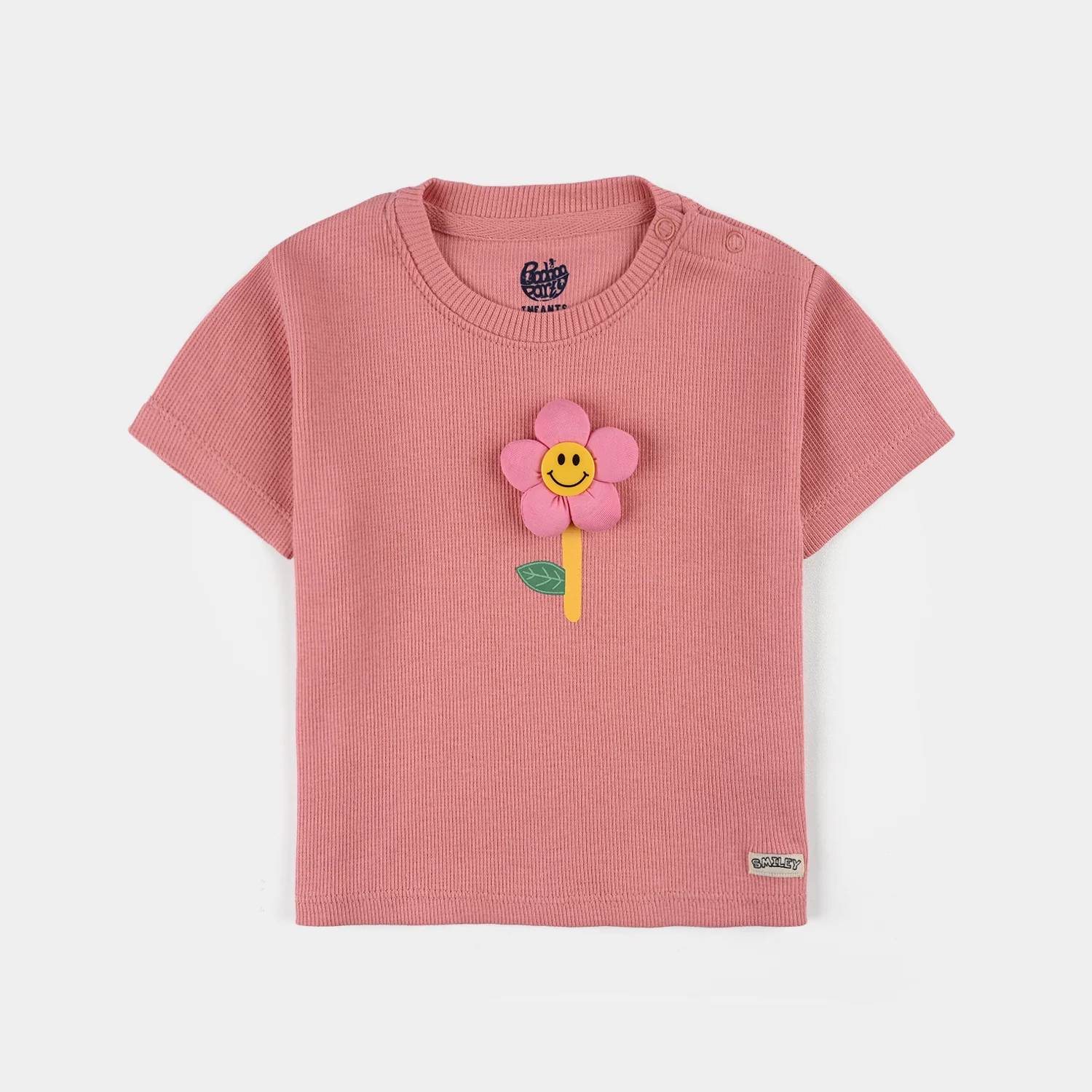 Infant Girls 2x1 Rib T-Shirt (Smile Flower) - Apricot - Image 2