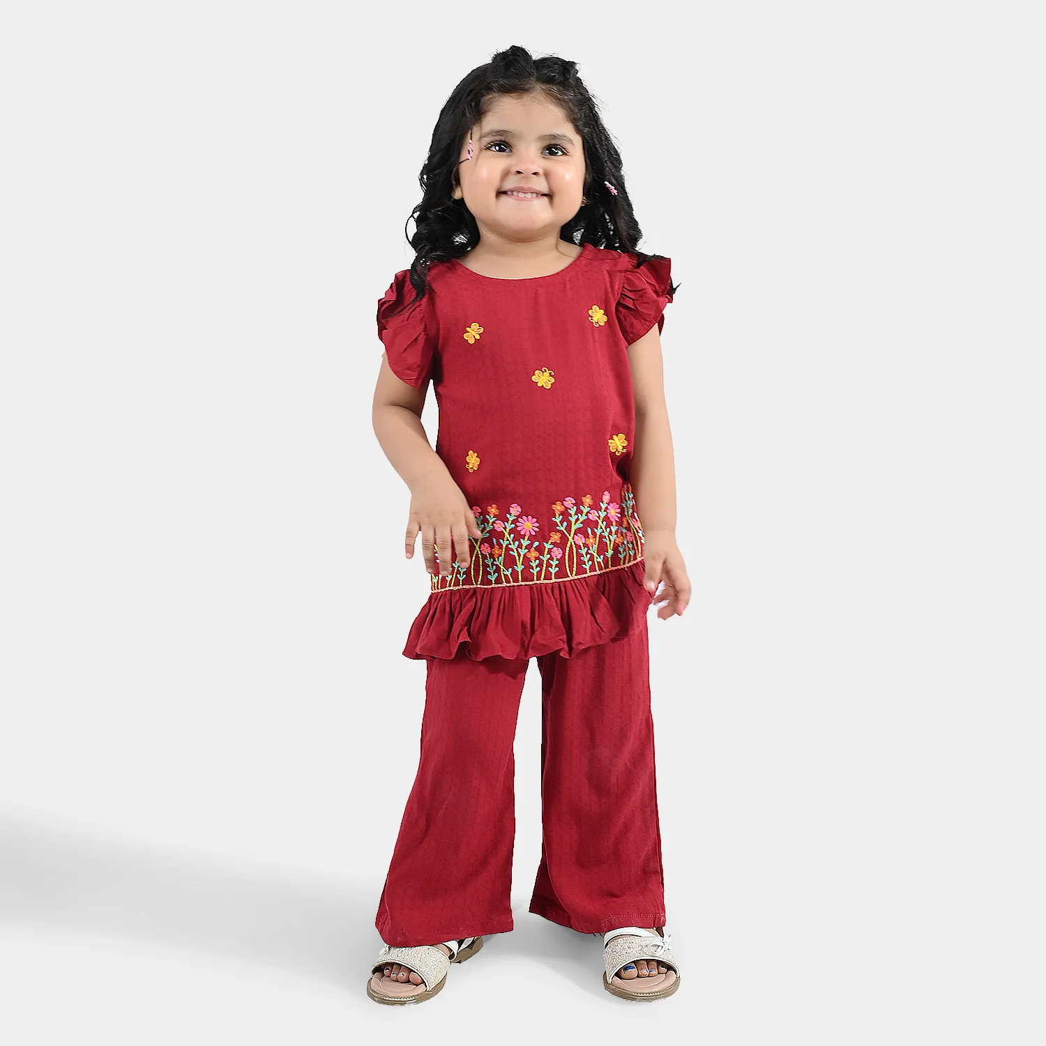 Infant Girls Cotton Emb 2Pcs Little Garden-MAROON