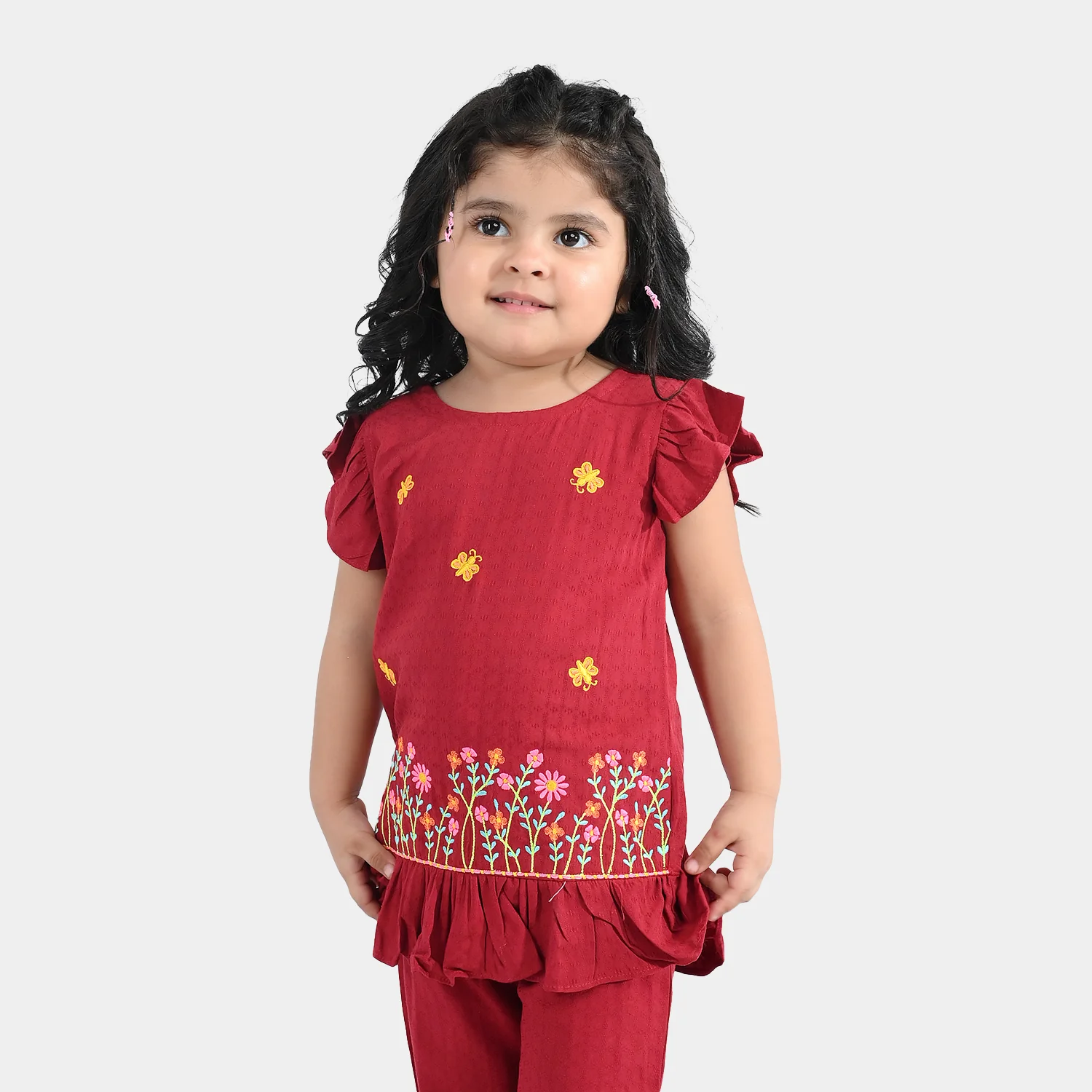 Infant Girls Cotton Emb 2Pcs Little Garden-MAROON - Image 2