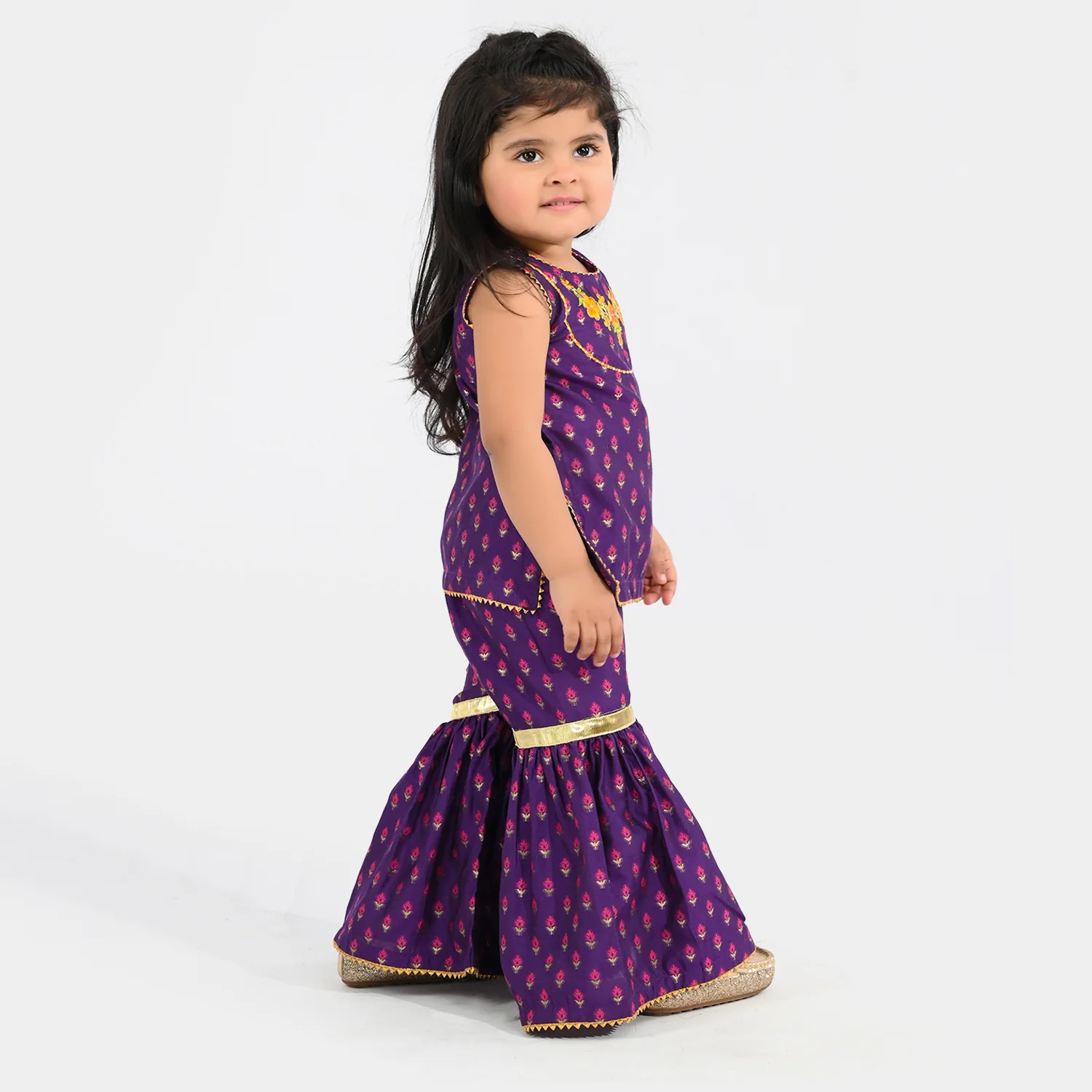 Infant Girls Cotton Jacquard Embroidered 2-Piece Set (Munni) - Purple - Image 3