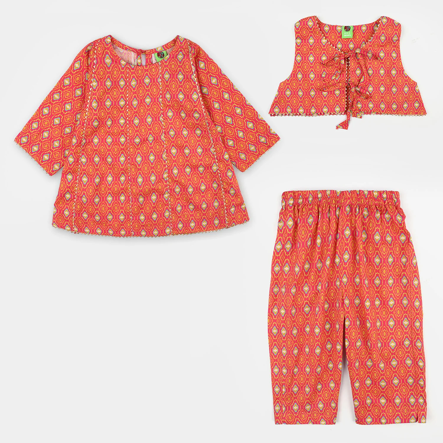 Infant Girls Cotton Printed 3Pcs Pink Koti - Multi