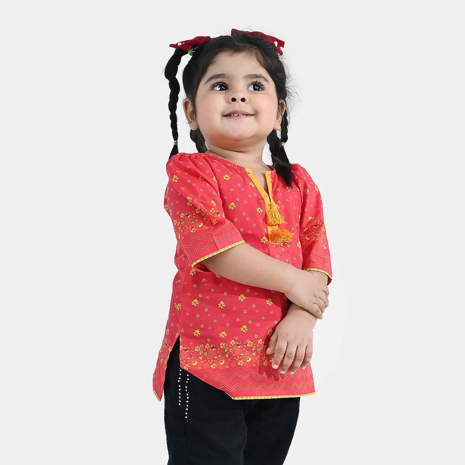 Infant Girls Cotton Printed Kurti Dhanak - Red - Image 3