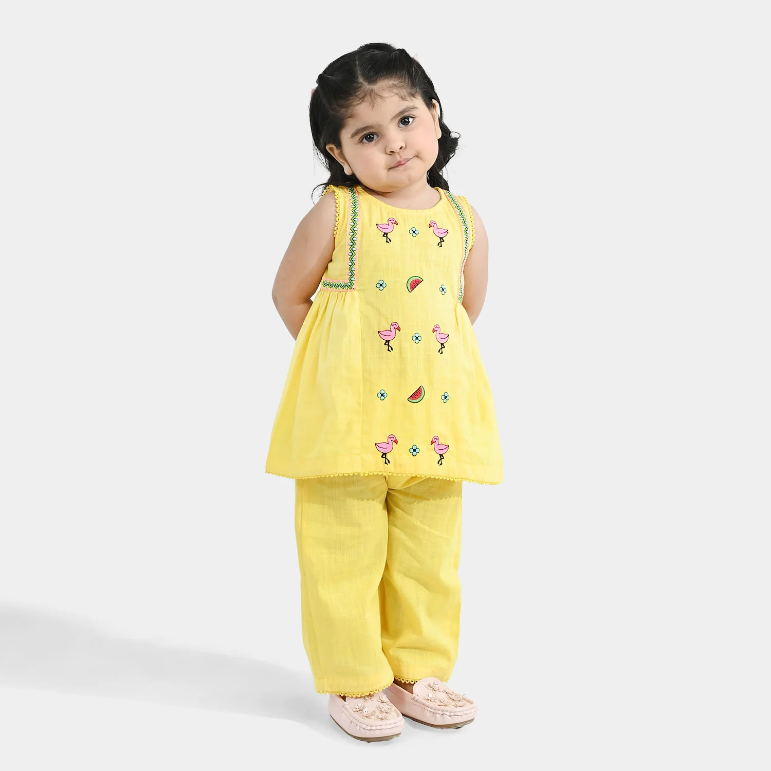 Infant Girls Cotton Slub Embroidered 2-Piece Set - Lemon Yellow - Image 2