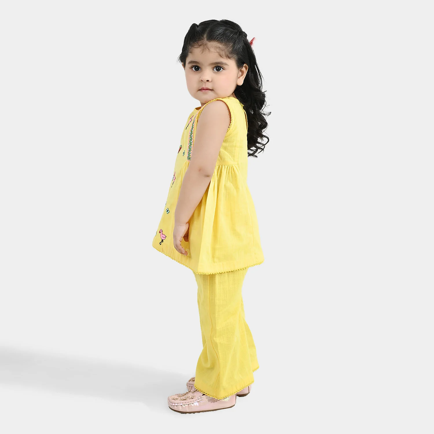 Infant Girls Cotton Slub Embroidered 2-Piece Set - Lemon Yellow - Image 3