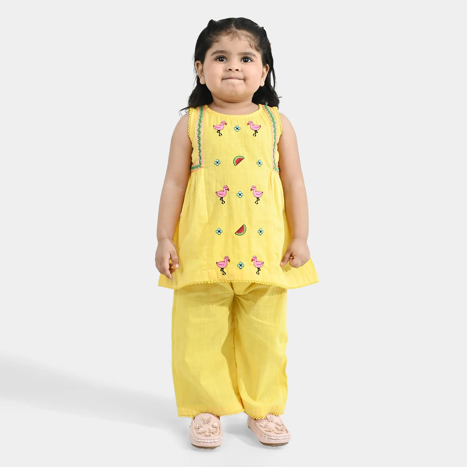 Infant Girls Cotton Slub Embroidered 2-Piece Set - Lemon Yellow - Image 4