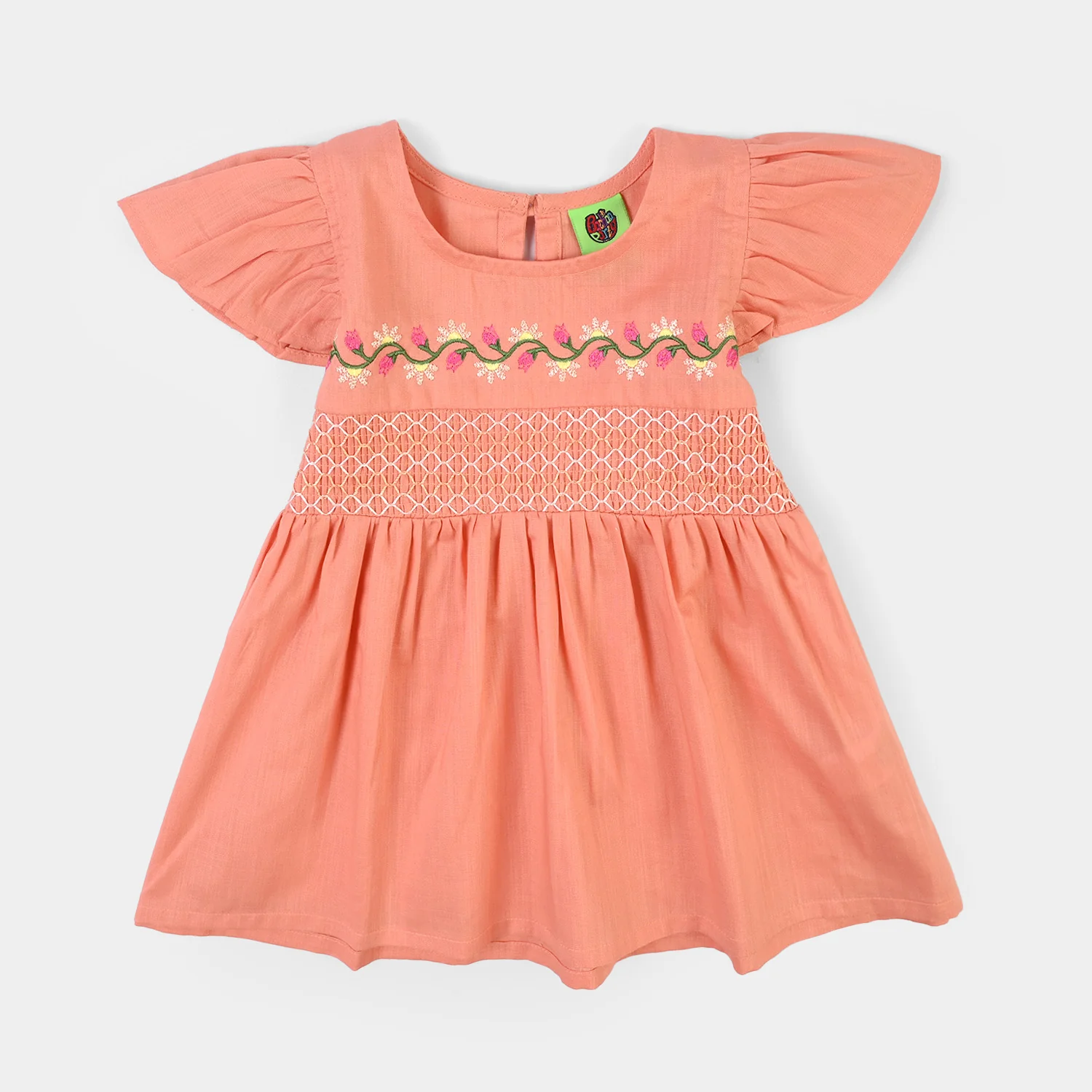 Infant Girls Cotton Slub Emb Frock Blooming - Peach