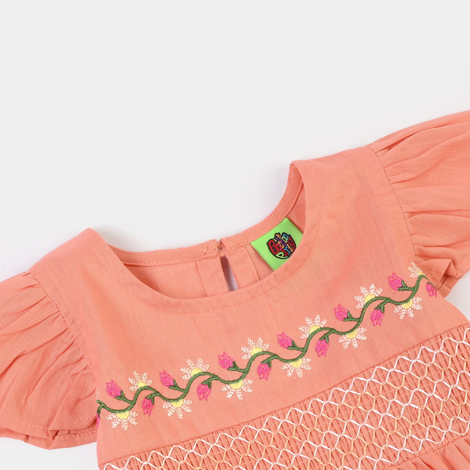 Infant Girls Cotton Slub Emb Frock Blooming - Peach - Image 2