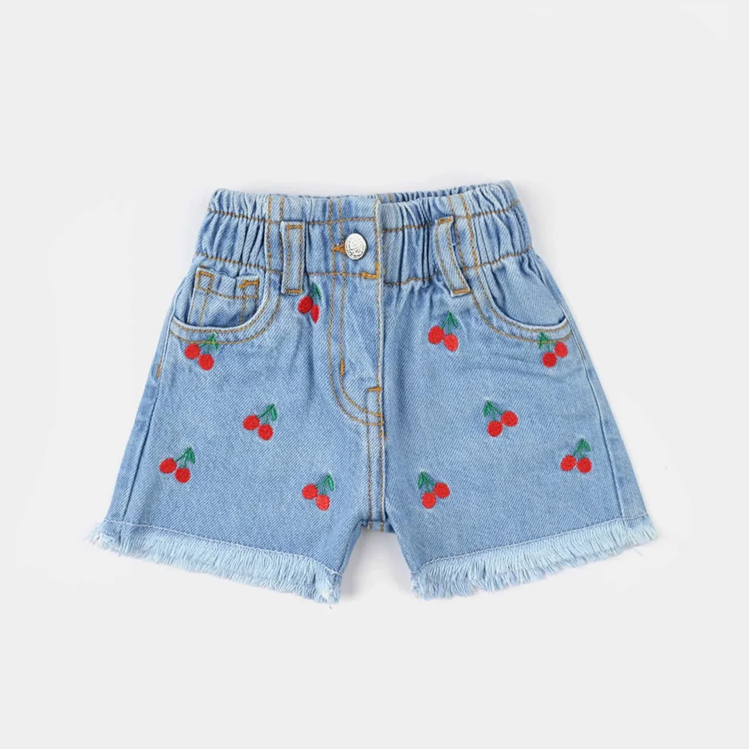 Infant Girls Denim Rigid Shorts Embroidered (Cherry) - Light Blue