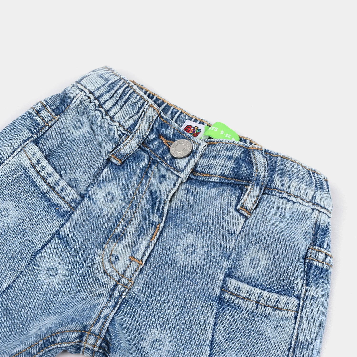 Infant Girls Denim Rigid Shorts – Flower Print Mid Blue with Elastic Waist - Image 2