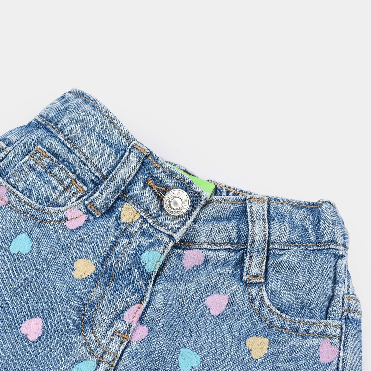 Infant Girls Denim Rigid Shorts – Pastel Heart Print Mid Blue with Pockets - Image 2