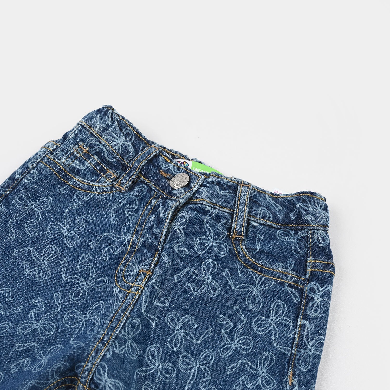 Infant Girls Denim Stretch Pants (All Over Bow) - Mid Blue - Image 2