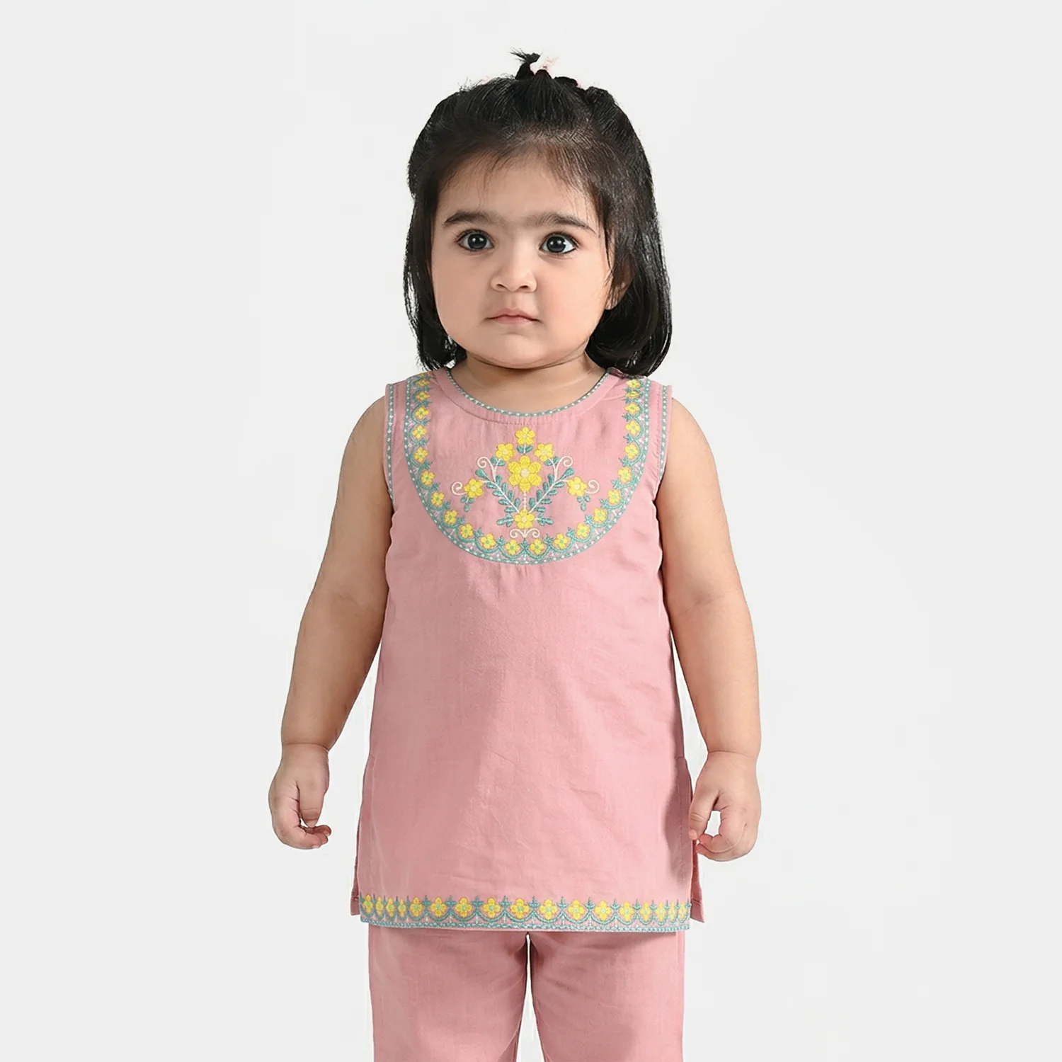Infant Girls Cotton Slub Embroidered Kurti (Sama) - T.Pink