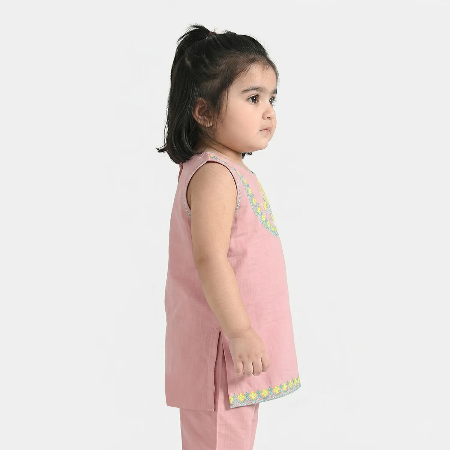 Infant Girls Cotton Slub Embroidered Kurti (Sama) - T.Pink - Image 2