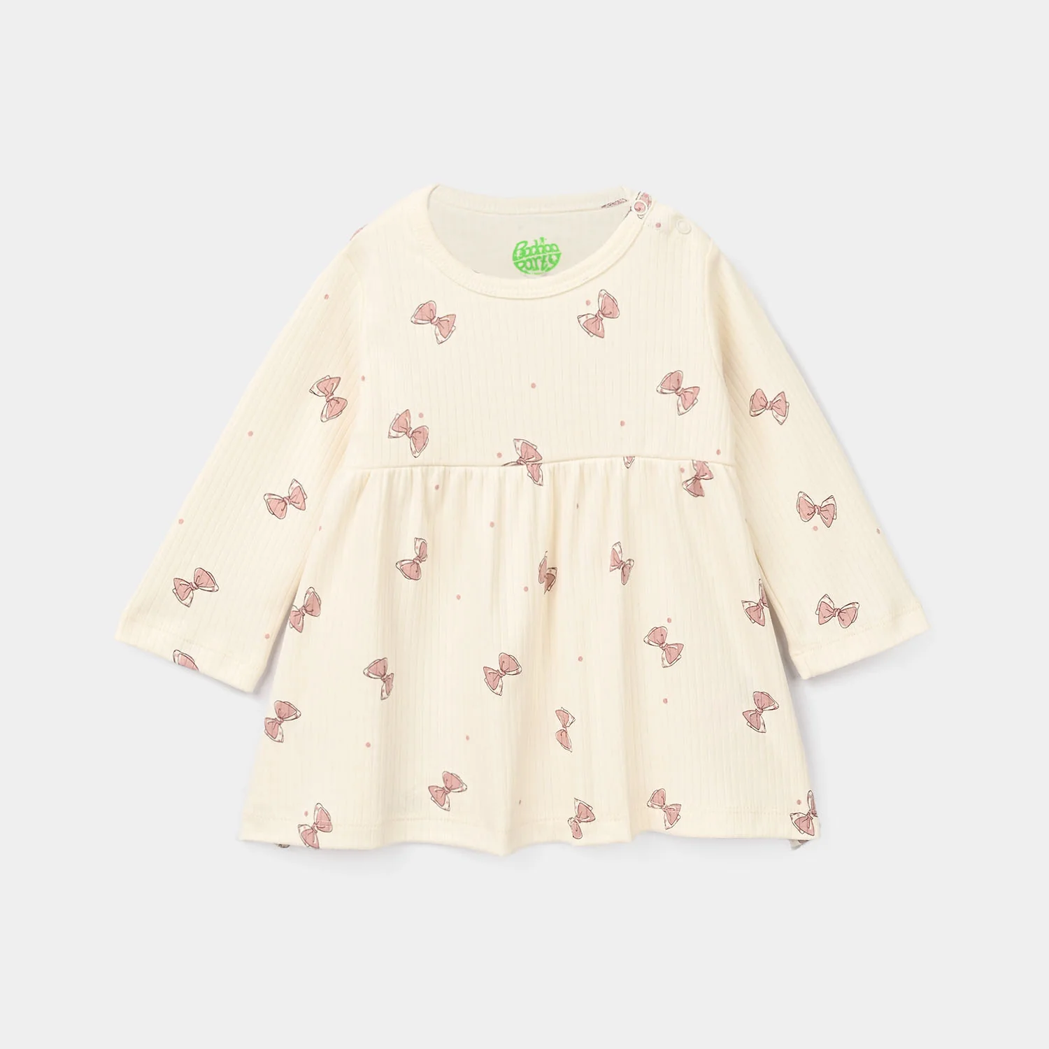 Infant Girls Rib Frock Bow Pattern-White