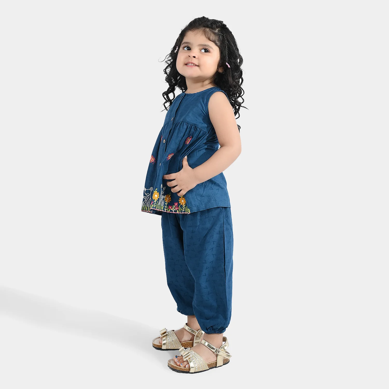 Infant Girls Jacquard Emb 2Pcs Little Deer-Teal - Image 2