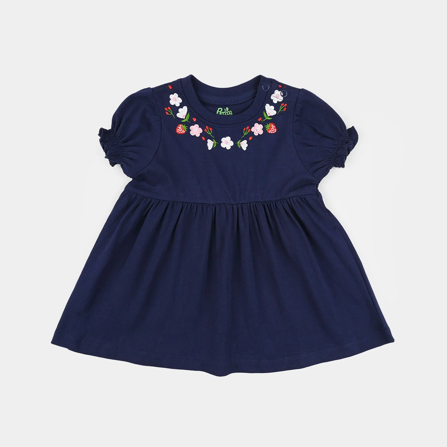 Infant Girls Jersey/Terry Knitted Frock (Flowers & Strawberry) - Navy Blue - Image 4