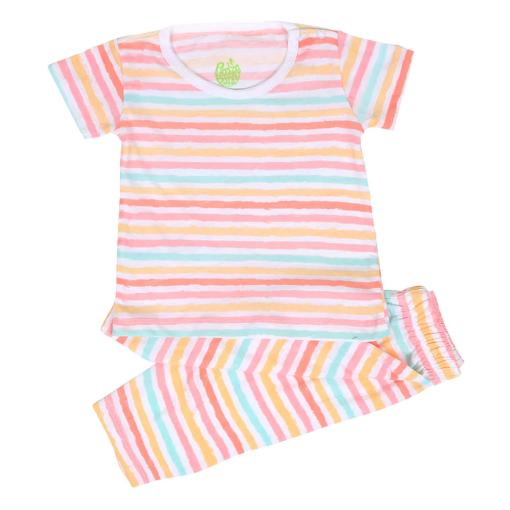 Infant Girls Knitted Night Suit Pastel Lines - White