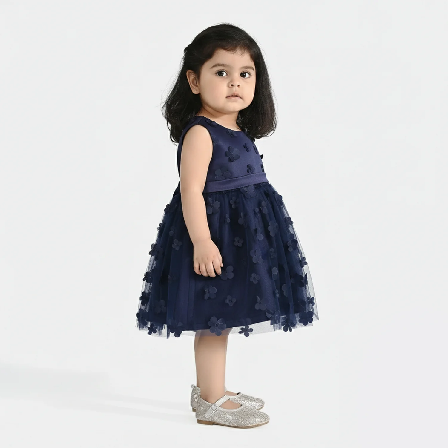 Infant Girls Net Fancy Frock (Flower) - Navy - Image 2