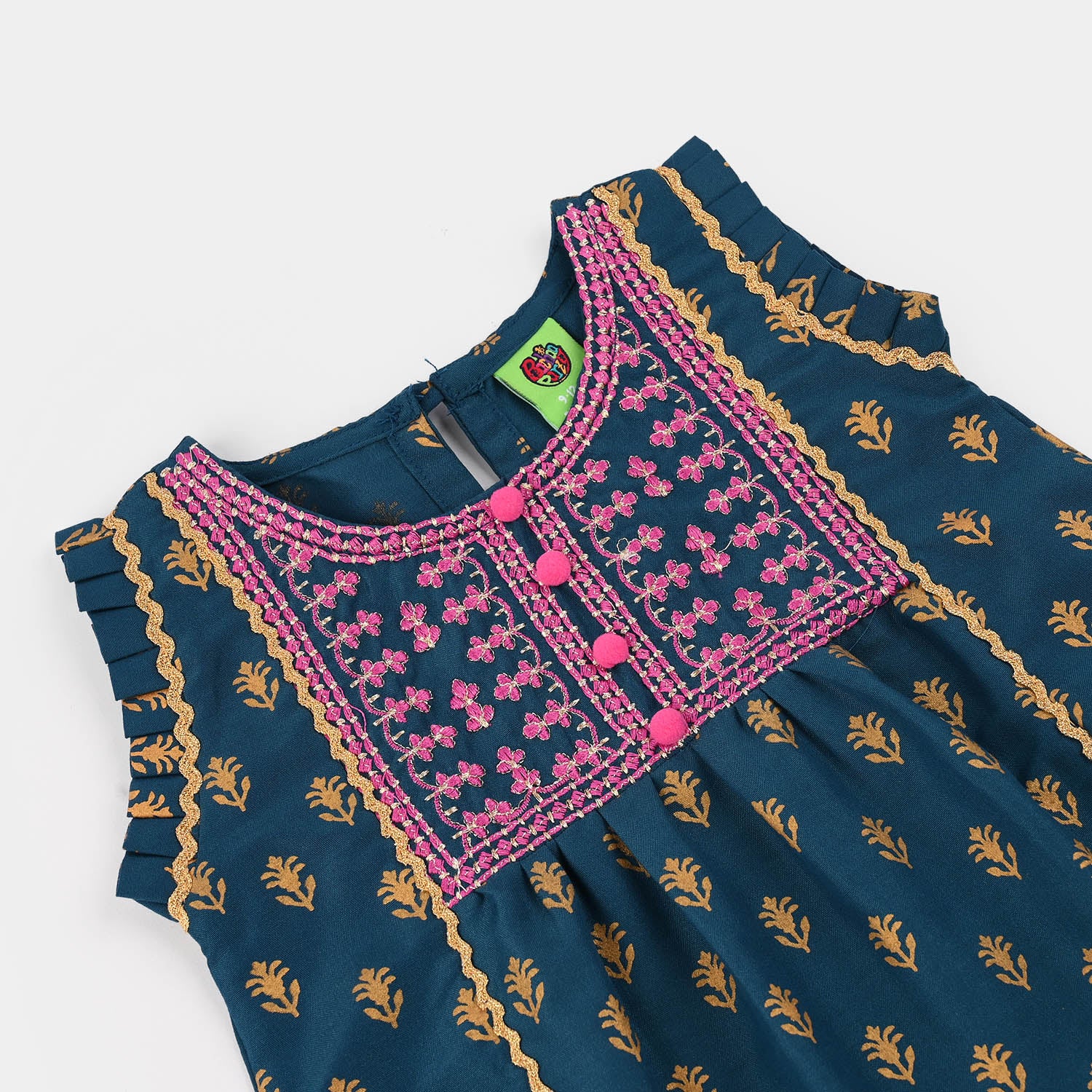 Infant Girls Poly Cambric Embroidered & Printed Kurti (Baby Gul) - Teal - Image 2