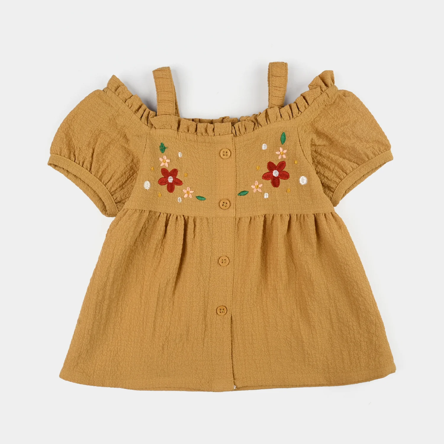Infant Girls Poly Cambric Embroidered Top (Crochet Butterfly) - Khaki - Image 2