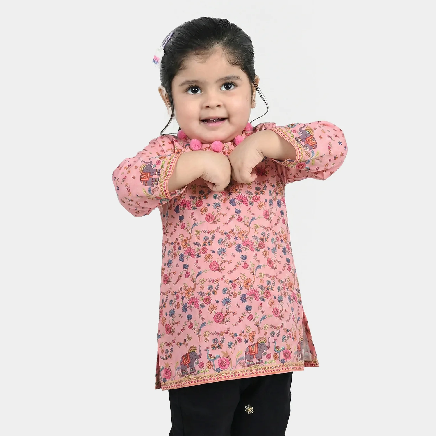 Infant Girls Poly Cambric Printed Kurti - Pink - Image 2